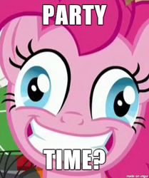 Size: 412x492 | Tagged: safe, edit, edited screencap, screencap, pinkie pie, earth pony, pony, ppov, derp, faic, image macro, insanity, meme, party, pinkie derp, pinkie fuel, solo