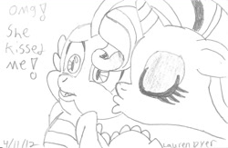 Size: 1210x788 | Tagged: safe, artist:lfcharactercomics, rarity, spike, dragon, pony, unicorn, female, kissing, male, shipping, sparity, straight, traditional art