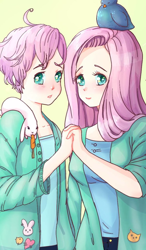 Size: 600x1024 | Tagged: safe, artist:161141, butterscotch, fluttershy, bird, human, blushing, breasts, clothes, duo, holding hands, humanized, looking at you, rule 63, smiling