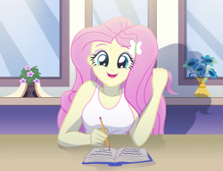 Size: 2432x1870 | Tagged: safe, artist:sumin6301, fluttershy, equestria girls, :>, book, clothes, cute, happy, reading, shyabetes, smiling, solo, studying