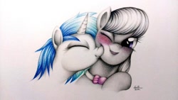 Size: 1024x577 | Tagged: safe, artist:coke-brother, dj pon-3, octavia melody, vinyl scratch, earth pony, pony, blushing, boop, cute, eyes closed, female, lesbian, nose wrinkle, nuzzling, open mouth, scratchtavia, shipping, smiling, wink