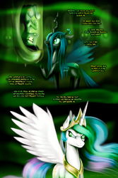 Size: 3000x4500 | Tagged: safe, artist:zoarvek, princess celestia, queen chrysalis, twilight sparkle, alicorn, changeling, changeling queen, pony, comic:the conquering of love, fanfic:the conquering of love, cocoon, fanfic, fanfic art, fangs, female, glowing eyes, grin, hung upside down, mare, nervous, nervous grin, smiling, upside down, wide eyes