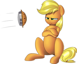 Size: 1384x1158 | Tagged: safe, artist:january3rd, applejack, earth pony, pony, applejack is not amused, food, pie, simple background, solo, transparent background, unamused