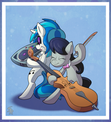 Size: 989x1083 | Tagged: safe, artist:sound-resonance, dj pon-3, octavia melody, vinyl scratch, earth pony, pony, cello, musical instrument, turntable