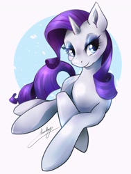 Size: 1858x2454 | Tagged: safe, artist:moondrop, rarity, pony, unicorn, abstract background, female, lidded eyes, mare, prone, smiling, solo