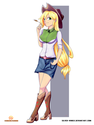 Size: 1500x2000 | Tagged: safe, artist:silver-wingx, applejack, equestria girls, applejack's hat, boots, clothes, cowboy boots, cowboy hat, crossed legs, denim skirt, hat, haystick, human coloration, shoes, skirt, solo, stetson