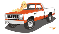 Size: 1600x930 | Tagged: safe, artist:burnout, applejack, earth pony, pony, dodge ram, leaning, simple background, solo, truck