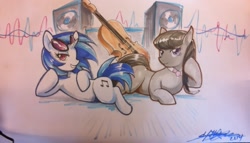 Size: 1180x673 | Tagged: safe, artist:slifertheskydragon, dj pon-3, octavia melody, vinyl scratch, earth pony, pony, cello, musical instrument, speakers, traditional art