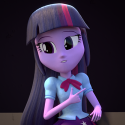 Size: 1080x1080 | Tagged: safe, artist:3d thread, artist:creatorofpony, derpibooru import, twilight sparkle, equestria girls, /mlp/, 3d, 3d model, blender, check em, clothes, dubs guy, pointing, shirt, skirt, solo