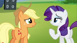 Size: 1100x618 | Tagged: safe, screencap, applejack, rarity, earth pony, pony, unicorn, the mane attraction, female, mare, plot