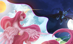 Size: 7400x4501 | Tagged: safe, artist:fluttersheeeee, nightmare moon, princess celestia, alicorn, pony, absurd resolution, cloud, duality, duo, female, fight, flying, mare, moon, night, night sky, pink-mane celestia, royal sisters, sisters, sky, stars, sun