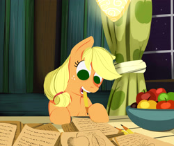 Size: 3800x3200 | Tagged: safe, artist:poecillia-gracilis19, applejack, earth pony, pony, apple, food, mouth hold, paper, pencil, solo