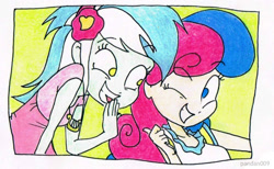 Size: 612x377 | Tagged: safe, artist:pandan009, bon bon, lyra heartstrings, sweetie drops, equestria girls, duo, grin, laughing, laughingmares.jpg, one eye closed, smiling, tongue out, traditional art, wink