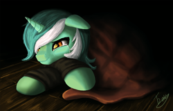 Size: 2000x1278 | Tagged: safe, artist:alyxsp, lyra heartstrings, pony, unicorn, fanfic:background pony, blanket, clothes, crying, fanfic art, female, floor, floppy ears, hoodie, lyre, mare, prone, sad, solo, teary eyes