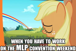 Size: 1030x701 | Tagged: safe, edit, edited screencap, screencap, applejack, earth pony, pony, the cutie re-mark, convention, eyes closed, feels, filly, image macro, meme, rainbow, sad, sonic rainboom, window