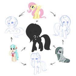 Size: 2000x2000 | Tagged: safe, artist:jdan-s, derpibooru exclusive, coco pommel, fluttershy, marble pie, pony, fusion, fusion diagram, hexafusion, simple background, the council of shy ponies, white background, wip