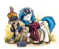 Size: 700x580 | Tagged: safe, artist:kenket, artist:spainfischer, dj pon-3, octavia melody, vinyl scratch, earth pony, pony, unicorn, beer, canterlot high, canterlot high blog, clothes, eyes closed, female, hat, mare, open mouth, pabst blue ribbon, smiling