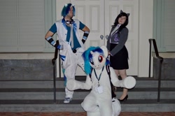 Size: 2048x1358 | Tagged: artist needed, safe, dj pon-3, octavia melody, vinyl scratch, human, 2014, clothes, convention, cosplay, fursuit, high heels, irl, irl human, katsucon, katsucon 2014, photo, rule 63, skirt, tube skirt