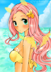 Size: 800x1132 | Tagged: safe, artist:monicherrie, fluttershy, human, beach, bikini, boobie mark, clothes, cute, cutie mark, humanized, light skin, shyabetes, solo, swimsuit