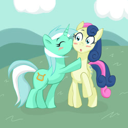 Size: 1000x1000 | Tagged: safe, artist:ryou14, bon bon, lyra heartstrings, sweetie drops, earth pony, pony, unicorn, blushing, eyes closed, female, kiss on the cheek, kissing, lesbian, lyrabon, shipping, smiling, surprise kiss, surprised