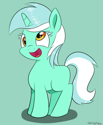 Size: 1944x2347 | Tagged: safe, artist:notenoughapples, lyra heartstrings, pony, blank flank, derp, filly, green background, silly, silly pony, simple background, smiling, solo, younger