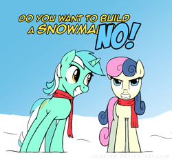 Size: 1382x1280 | Tagged: safe, artist:zoarvek, bon bon, lyra heartstrings, sweetie drops, bon bon is not amused, clothes, do you want to build a snowman, frozen (movie), scarf, winter