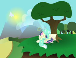 Size: 3100x2377 | Tagged: safe, artist:kalleflaxx, bon bon, lyra heartstrings, sweetie drops, bench, eyes closed, female, lesbian, lyrabon, lyre, magic, shipping, tree