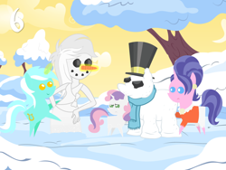 Size: 1024x768 | Tagged: safe, artist:bronybyexception, cookie crumbles, lyra heartstrings, sweetie belle, pony, equestria girls, advent calendar, christmas, pointy ponies, snow, snowman, snowpony