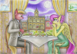 Size: 2326x1637 | Tagged: safe, artist:sinaherib, big macintosh, fluttershy, anthro, alcohol, breasts, chair, clothes, date, dinner, dress, female, flower, fluttermac, full moon, glass, looking at each other, male, moon, night, painting, shipping, side slit, smiling, straight, suit, table, traditional art, wine