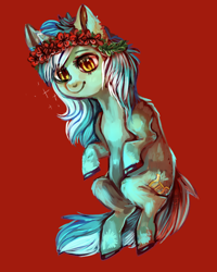 Size: 800x1000 | Tagged: safe, artist:temary03, lyra heartstrings, pony, unicorn, female, floral head wreath, flower, flower in hair, mare, red background, simple background, solo