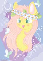 Size: 2480x3507 | Tagged: safe, artist:xxsilvixx, fluttershy, butterfly, pegasus, pony, blushing, chest fluff, cute, floral head wreath, flower, shyabetes, solo, tongue out