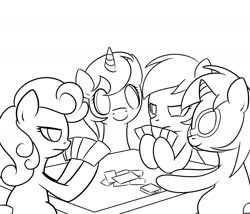 Size: 1400x1200 | Tagged: safe, artist:solar-slash, carrot top, dj pon-3, golden harvest, minuette, roseluck, vinyl scratch, pony, unicorn, card, lineart, monochrome, poker, table