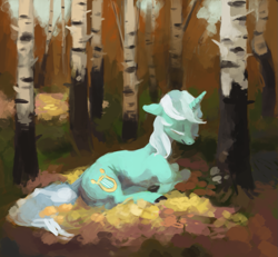 Size: 987x912 | Tagged: safe, artist:sterfler, lyra heartstrings, pony, unicorn, birch, eyes closed, prone, solo, tree, unshorn fetlocks