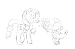 Size: 1138x750 | Tagged: safe, artist:carnifex, rarity, spike, dragon, pony, unicorn, blushing, bouquet, cute, eyes closed, female, flower, male, monochrome, pencil drawing, rose, shipping, sparity, straight, traditional art