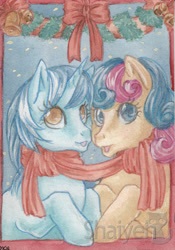 Size: 400x573 | Tagged: safe, artist:shaiyeh, bon bon, lyra heartstrings, sweetie drops, earth pony, pony, unicorn, christmas, clothes, female, lesbian, lyrabon, mare, scarf, shared clothing, shared scarf, shipping, snow, snowfall