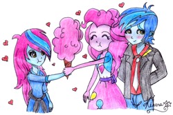 Size: 500x333 | Tagged: safe, artist:lovelygirlmusicer, pinkie pie, thunderbass, oc, equestria girls, clothes, cotton candy, cute, family, female, food, male, pinkiebass, shipping, skirt, straight, traditional art