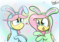 Size: 700x500 | Tagged: safe, artist:sugarcloud12, butterscotch, fluttershy, pegasus, pony, animal costume, bunny costume, clothes, costume, heart, r63 paradox, rule 63, self ponidox