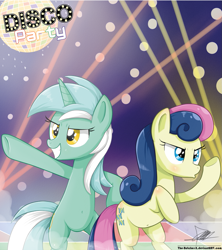 Size: 1259x1418 | Tagged: safe, artist:the-butch-x, bon bon, lyra heartstrings, sweetie drops, earth pony, pony, unicorn, background pony, belly button, bipedal, cute, dancing, disco, disco ball, disco dance, female, grin, mare, smiling