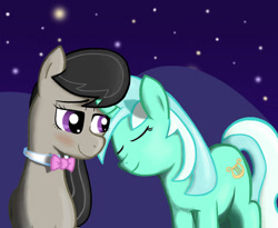 Size: 974x800 | Tagged: safe, artist:theumbrellaboy, lyra heartstrings, octavia melody, earth pony, pony, unicorn, eyes closed, female, lesbian, night, octyra, shipping, stars