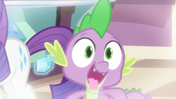 Size: 1280x720 | Tagged: safe, screencap, rarity, spike, dragon, pony, unicorn, dragon dropped, behaving like a dog, cute, cute little fangs, fangs, female, flashback, gem, male, mare, spikabetes, tongue out, winged spike