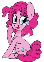 Size: 1024x1435 | Tagged: safe, artist:toodaioo, artist:toods, pinkie pie, earth pony, pony, cute, deviantart watermark, diapinkes, eye clipping through hair, eyebrows, eyebrows visible through hair, female, obtrusive watermark, open mouth, simple background, sitting, solo, transparent background, watermark