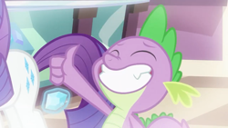 Size: 1280x720 | Tagged: safe, screencap, rarity, spike, dragon, pony, unicorn, dragon dropped, claws, cutie mark, eyes closed, fangs, female, flashback, gem, male, mare, offscreen character, thumbs up, winged spike