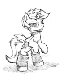 Size: 1600x2000 | Tagged: safe, artist:flutterthrash, lyra heartstrings, collar, grayscale, leg warmers, looking at you, monochrome, punk, rearing, simple background, solo, spiked collar, white background