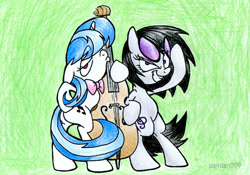 Size: 860x602 | Tagged: safe, artist:pandan009, dj pon-3, octavia melody, vinyl scratch, earth pony, pony, accessory swap, alternate hairstyle, cello, musical instrument, rocktavia, vinyl class