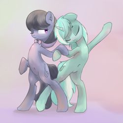 Size: 1500x1500 | Tagged: safe, artist:qweeli, lyra heartstrings, octavia melody, earth pony, pony, unicorn, belly button, bipedal, dancing, female, lesbian, octyra, shipping, wink