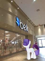 Size: 3024x4032 | Tagged: safe, photographer:undeadponysoldier, rarity, pony, unicorn, augmented reality, belk, exit sign, female, gameloft, mall, mare, solo