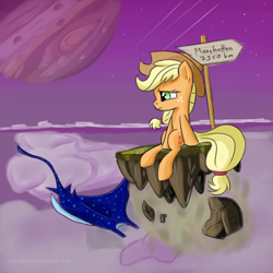 Size: 1024x1024 | Tagged: safe, artist:chaosmalefic, applejack, earth pony, manta ray, pony, female, floating island, great red spot, jupiter, mare, planet, solo, surreal