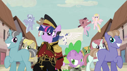 Size: 1280x720 | Tagged: safe, artist:sh2otingstar, derpibooru import, edit, edited screencap, screencap, spike, twilight sparkle, dragon, the cutie map, aquila, commissar, equal town banner, equal town banner meme, imperial guardsman, in our town, photoshop, warhammer (game), warhammer 40k