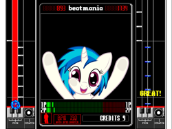 Size: 1023x768 | Tagged: safe, dj pon-3, vinyl scratch, pony, unicorn, beatmania, female, hooves, horn, mare, open mouth, rhythm game, solo, vector