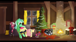 Size: 6000x3375 | Tagged: safe, artist:stinkehund, bon bon, lyra heartstrings, sweetie drops, absurd resolution, backpack, blanket, boots, christmas, clothes, costume, cuddling, female, fire, fireplace, fluffy, high heel boots, high heels, lesbian, lyrabon, present, rope, saddle, scarf, shipping, sitting, sleeping, snow globe, snuggling, tree